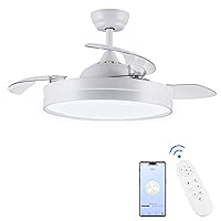 Newday Retractable Ceiling Fan, 42 Inch Smart Ceiling Fans with Lights and APP Remote Control, Modern Ceiling Fan for Bedroom Living Room, Quiet DC Motor 6 Speed