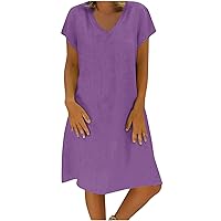 Deals of The Day Clearance Prime Women's Cotton Linen Knee Length Dress V Neck Short Sleeve Causal Loose Tshirt Dresses Summer Loose Shift Tunic Dress Purple