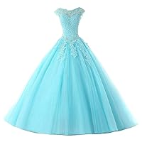 Long Tulle Long Lace Applique Ball Gown Quinceanera Dresses Prom Party Gowns Sweet 16 Prom Dress US Size 20W Aqua Blue