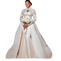 Lace High Neck Muslim Royal Mermaid Bridal Ball Gowns Wedding Dresses for Bride Long Sleeve Detachable Train