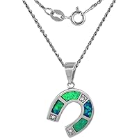 Sterling Silver Synthetic Opal Horseshoe Necklace Hand Inlay CZ Accent 9/16 inch