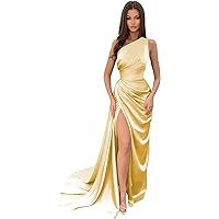 Women's One Shoulder Satin Prom Dresses Long Wrap with Split Mermaid Pleated Long Formal Evening Gowns