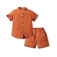 Boys 2 Piece Cotton Linen Short Set Summer Short Sleeve Shirt and Shorts Casual Clothing Pants Set