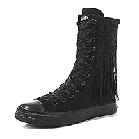 Cute Women's Fashion Mid Calf Canvas Boots Lace Up Tassel Side Zipper Round Toe