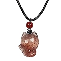 Natural Obsidian Fluorite Fox Strawberry Crystal Fox Necklace Healing Crystal Gemstone Pendant Necklaces with Adjustable Woven Rope Chain
