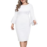 Pinup Fashion Women's Plus Size Wrap V Neck Bell Sleeve Belted Work Wedding Guest Bodycon Pencil Dress