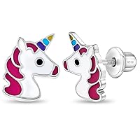925 Sterling Silver Multi-color Unicorn Earrings Safety Screw Back Stud for Girls - Adorable Colorful Unicorn Earrings Gift for Unicorn Loving Children - Fun and Unique Earring Safety Studs