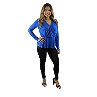 Wholesale Womens Rayon (Viscose) Sky Blue V-Neck Long Sleeve Loose Blouse, 6 Pieces (1S, 2M, 2L, 1XL) Pack of 1
