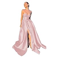 Women's Strapless Long Prom Dresses Satin A-line Backless Corset Formal Dress Evening Party Gown with Slit