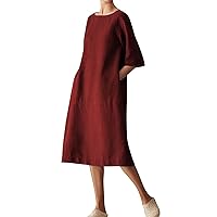 Tshirt Dress for Women 2024 Casual Half Sleeve Cotton Summer Midi Dress 3/4 Sleeve Loose Shift Dress with Pockets