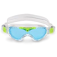 Vista Junior Kids Swim Goggles - Fits Like a Mask, Comfortable, Hypoallergenic, Leak Free, Quick-Fit Buckle System - Unisex Children, Blue Tinted Lens, Transparent/Bright Green Frame