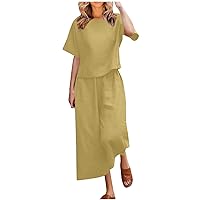 Womens Plus Size Loose Sets 2 Piece Lounge Outfits 2024 Summer Short Sleeve Crewneck Tops and Wide Leg Pants Set