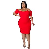 Women Summer Dress Off Shoulder Short Sleeve Tshirt Beach Sundress Casual Plus Size A-Line Knee Length Wrap Dress Red