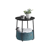 VASAGLE Small Round Side End Table, Modern Nightstand with Fabric Basket, Bedside Table for Living Room Bedroom, Classic Black and Dark Turquoise LET223B56