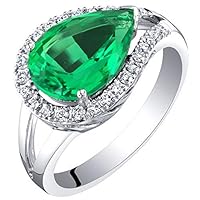 PEORA 3.02 Carats Created Colombian Emerald and Lab Grown Diamond Ring in 14K White Gold Pear Shape Halo Design
