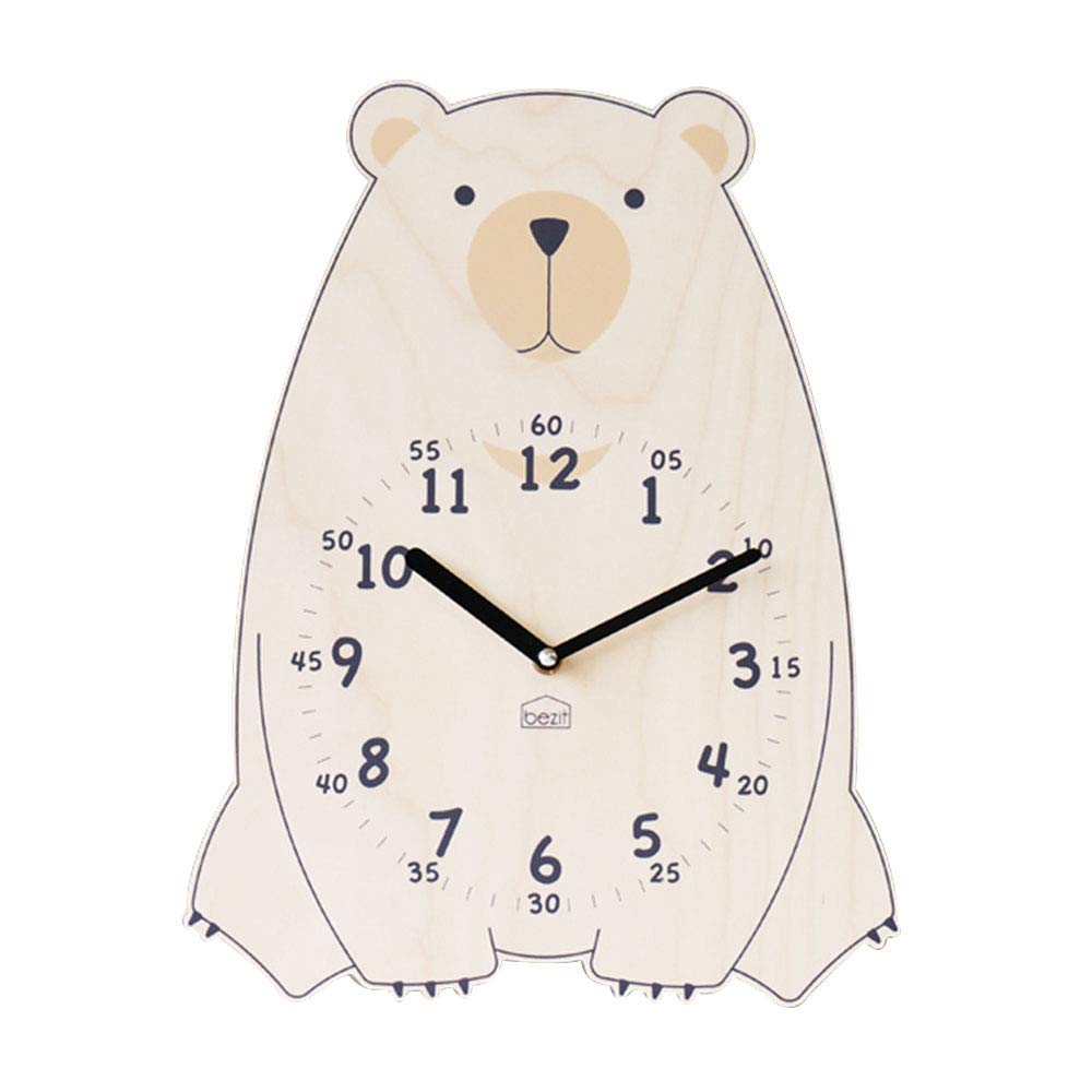 Silent Kids Wall Clock - Non-Ticking, Decorative, Cute Wooden Clock for Nursery, Children, Toddler, Baby Room, Battery Operated - Bear, Unicorn, Owl