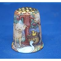 Porcelain China Collectible Thimble - Sleepy Piggy Gold Top Box
