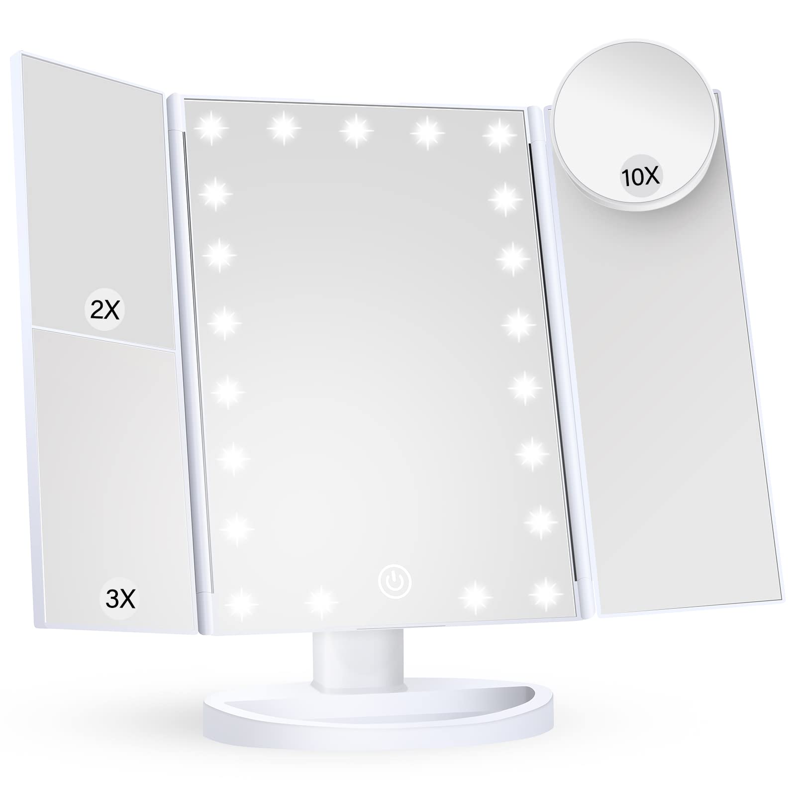 Makeup Mirror with Lights, Vanity Mirror with 1X 2X 3X Magnification, Lighted Makeup Mirror, Trifold Makeup Mirror, Touch Control, Dual Power Supply, Portable LED Makeup Mirror, Women Gift (White)