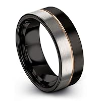 Tungsten Wedding Band Ring 8mm for Men Women 18k Rose Yellow Gold Plated Flat Cut Center Line Black Grey Half Brushed Polished