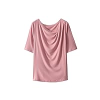 Women Solid Silk Blend T Shirt Summer Ribs Short Sleeve Skew Collar Tee Tops