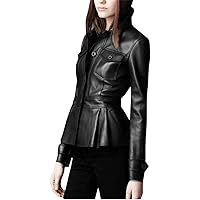 Lambskin Women’s Peplum Single Breasted Black Leather Flared Jacket For Motorcycling Partywear