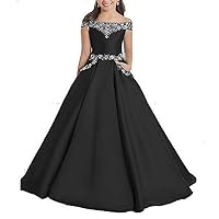VeraQueen Girls' Satin Beaded Pageant Dress With Pockets A Line Off Shoulder Princess Ball Gown