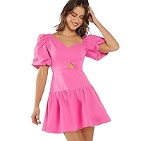 Pink Dress for Women Wedding Guest Dresses for Women Asymmetrical Neck Puff Sleeve Cut Out Ruffle Hem Dress