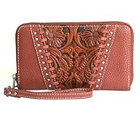 Montana West Womens Leather Wallet Clutch Western Tooled Studded w Hair (Brown Whipstitched Trinity Ranch Leather)