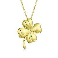Celtic Saint Patrick's Good Luck Fortune Irish Shamrock Shape Lucky Charm Four Leaf Clover Pendant Necklace Stud Earrings Jewelry Set For Women Teen Yellow 14K Gold Plated .925 Sterling Silver