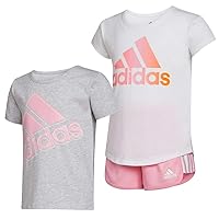 adidas Little Girl's 3 Piece Outfit Set, 2 Tees, 1 Short (White/Grey, 4T)