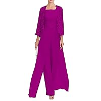 Mother of The Bride Dress Pant Suit for Wedding 3 Pieces Set Suits Outfits Semi Formal Dresses 3/4 Sleeve Square Neck Formal Pant Suit for Women 10 Raspberry