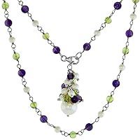 Sterling Silver Cultured Freshwater 4mm Yellow and White Pearl Necklace for Women with Amethyst and Peridot Bead Cluster 25 inch