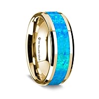 14K Yellow Gold Polished Beveled Edges Wedding Ring with Blue Opal Inlay - 8 mm