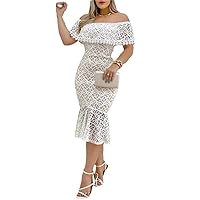 Women Solid Off Shoulder Mermaid Dress Lace Ruffle Bodycon Formal Party Dresses
