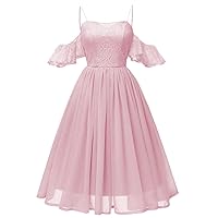 Short Sleeves Sweetheart Neck Spaghetti Straps Bridesmaid Dresses for Lace Off The Shoulder Tea Length Cocktail Dress