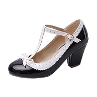 Womens Rockabilly Shoes Chunkly Heeled T-Strap Mary Janes Block High Heels Closed Toe Pumps with Bow