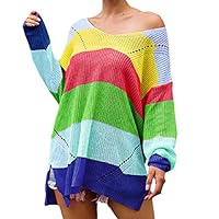 Women Oblique Shoulder Long Sleeve Sweater Top Loose Rainbow Patchwork Jumper Fashion Crochet Knit Color Block Pullover