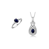 Matching Love Knot Jewelry Set 14K White Gold Ring & Pendant Necklace. Gemstone & Diamonds, 8X6MM & 7X5MM Birthstone; Sizes 5-10