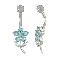 Flower Belly Button Ring with Blue Topaz Cubic Zirconia on Sterling Silver Setting