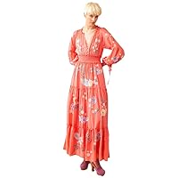 Floral Printed Women Long Dress Autumn Lantern Sleeve A Line Maxi Dresses Holiday Beach High Waist Dress