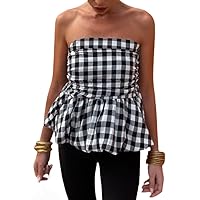 Y2K Plaid Tank Top for Women Sleeveless Backless Tie Front Crop Top Spaghetti Strap Ruffle Hem Camisole Tops