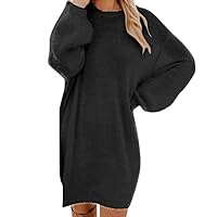Womens Mock Neck Puff Sleeve Trendy Waffle Knit with Belted Loose Fitting Pullover Tunic Sweater Tunic Shift Dresses