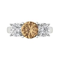 3.22ct Round Cut Solitaire three stone Brown Champagne Simulated Diamond designer Modern Statement Ring Real 14k White Gold
