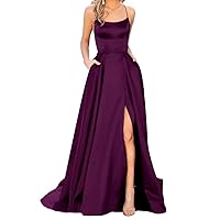 Long Side Slit Prom Dresses with Pockets Satin Halter Formal Party Gowns