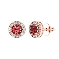 3.54cttw Round Cut Halo Solitaire Genuine Natural Scarlet Red Garnet Unisex Solitaire Stud Screw Back Earrings 14k Rose Gold