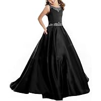 Girls' Satin Beaded Pageant Dress With Pockets A Line Off Shoulder Princess Ball Gown 2 Black-a