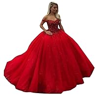 Red Sequins Off The Shoulder Lace Princess Wedding Dresses for Bride Plus Size Bridal Ball Gown with Train