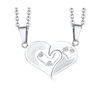 Stainless Steel Mens Womens Couple Necklace Pendant Love Heart CZ Puzzle Matching (Metal color)
