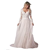Women's Long Sleeve V Neck White Bridal Dress Mesh Lace Decal Seaside Wedding Dress