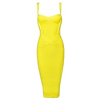 Whoinshop Women's Rayon Strap Celebrity Midi Evening Party Bandage Dress (XL, Yellow)